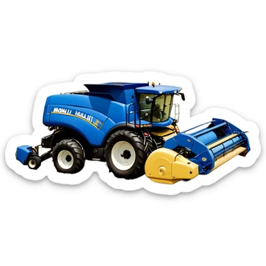 New Holland Roll-Belt 560 (2018) – Cinematic-realistic New Holland Roll-Belt 560 baler, its blue body steadily compressing golden hay into tight, round bales. The rhythmic motion of the machine continues as dust swirls in the afternoon heat, with rows of freshly cut grass stretching toward the horizon. sticker