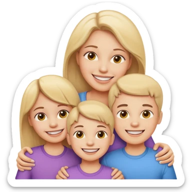 a mother and two kids, all with visible braces, smiling together, emoji style sticker