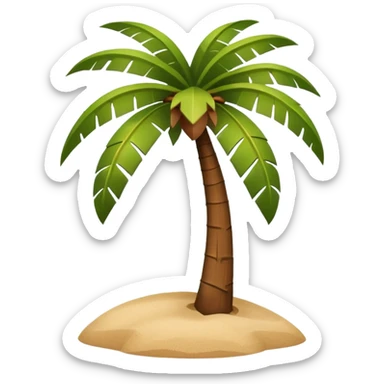 A 3D cartoon coconut palm tree with coconuts near the top and a sandy base, tropical light setting, Memoji-style realism. sticker