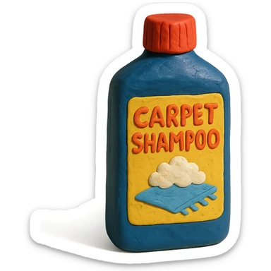 bottle of carpet shampoo with bright label and visible fingerprints, claymation style sticker