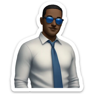 White Square face black hear, sharp features, clean-shaven, and a confident, relaxed expression. Wears a blue shirt and tie no jaket with sunglasses, standing casually by the water, giving off a stylish and modern vibe. With mostash and  sticker