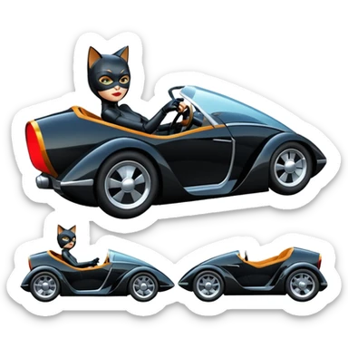 Hot rod comical Cat Woman’s stealth burglar sporty futuristic pursuit mobile two seater car (reclined seating position) sticker