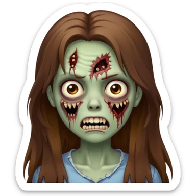 Girl zombie with brown long hair with teeth and serious face IOS 2019 style sticker
