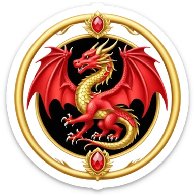 Golden dragon with wings crest / brosch in a circle with red gems and no background sticker
