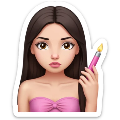 girl with lighter skin, dark brown long straight hair, pouty shiny lips without cupid's bow, large eyes, lighter button nose, long oval-shaped face, wearing a pink bandeau top with straight neckline, looking directly at camera with hands down at sides sticker