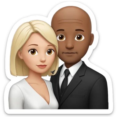 A romantically embracing 40-year-old couple. He is bald with a dark, stubble. She is a head shorter than him, and blonde. sticker