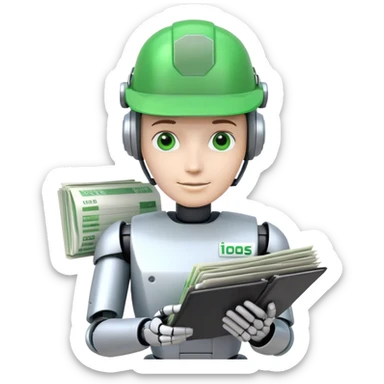 human like robot bookkeeper wearing an Green  dealer's visor  and holding spreadsheets sticker