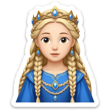 An emoji portrait of a medieval European princess. She wears a long-sleeved bliaut dress in a vibrant blue color, with a delicate golden circlet on her head. Her hair is braided in long tresses, and her expression is gentle and pious. sticker