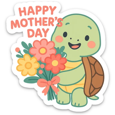 cute turtle holding a bouquet of flowers, pastel colors, Mother's Day theme sticker