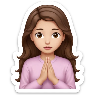 girl with wavy long brown hair, brown eyes, light to medium complexion, long lashes, light pink lipstick, praying, wearing light pink shirt sticker
