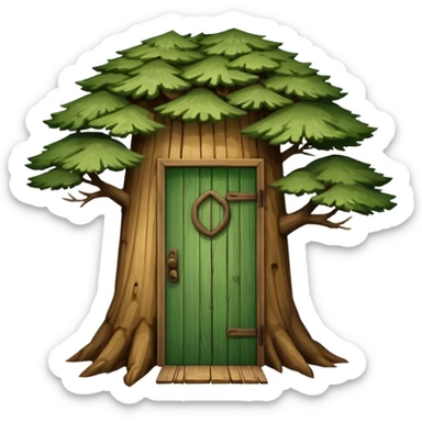 large and old pine tree with door sticker
