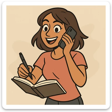 tan woman with brown eyes and brown shoulder length hair, multitasking with a phone and notebook, energetic and productive vibe, modern style sticker