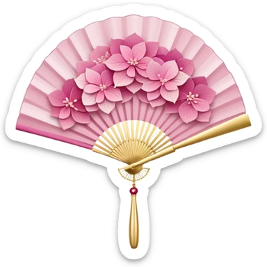 Japanese style pink hydrangea (ajisai) flower arranged like traditional uchiwa fan design, with gold accents, rinpa style pattern background, elegant composition sticker