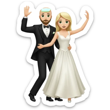 blonde haired green eyed bride and bald headed groom with dark beard dancing sticker