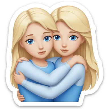 Cinematic realistic two sisters with blonde hair and blue eyes hug sticker