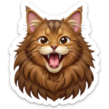 Cinematic Cute Brown Maine Coon Cat Portrait Emoji, Head tilted playfully while yawning exaggeratedly, sleek brown and black fur with a majestic mane, Simplified yet hilariously adorable features, highly detailed, glowing with a warm, confident glow, high shine, mischievous yet lazy, stylized with a touch of playful whimsy, bright and endearing with a comical, yawning expression, soft glowing outline, capturing the essence of a quirky yet loving and lazy kitty, so meme-worthy it feels like it could stretch out of the screen and demand attention in the most dramatic way! sticker