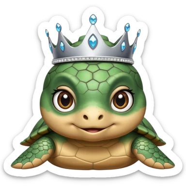 a cute domestic turtle with big eyes and with a silver tiara sticker