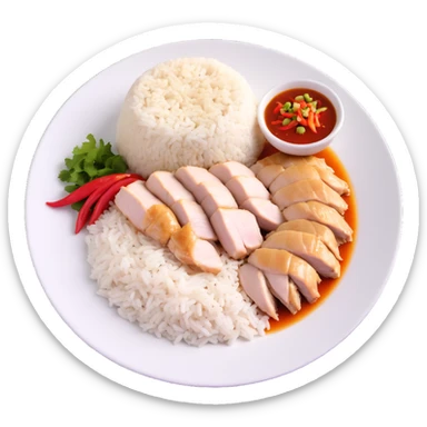 Singapore chicken rice with sliced poached chicken, fragrant rice, and chili sauce sticker