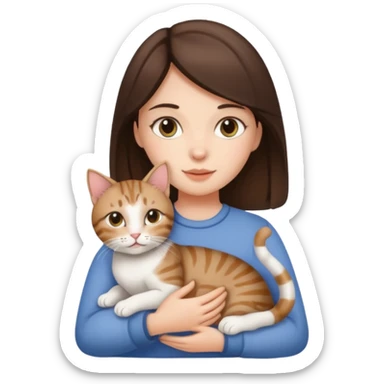Brunette girl holding tabby cat  sticker