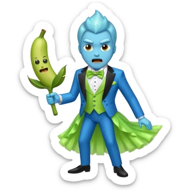 Angry blue banana fruit wearing a sparkly lime green tuxedo and tutu sticker