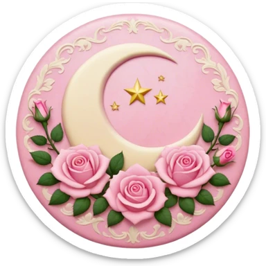 A round pink button with a cream colored crescent damask moon and pink roses in the center sticker