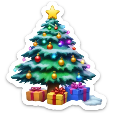 80s Christmas tree with colorful lights, snow on it and presents underneath  sticker