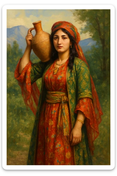کوردی woman in traditional Kurdish dress, carrying a water jug on her shoulder, vibrant colors, authentic details, natural background sticker