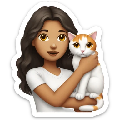 Girl with dark brown hair and white skin holding orange and white cat   sticker