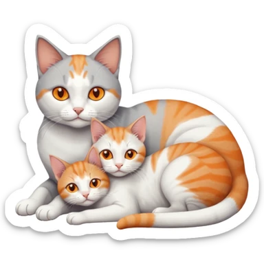 full body of a grey and white cat cuddling a very small + skinny ginger and white kitten with deep orange eyes and triangular shaped face lying down sticker