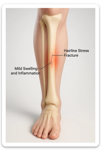 3D realistic medical illustration: a close-up of a human lower leg (tibia), showing the bone with a visible hairline stress fracture. The surrounding soft tissue is semi-transparent, highlighting mild swelling and inflammation. Educational labels point to the fracture site. The background is clean and clinical, with a subtle gradient. sticker