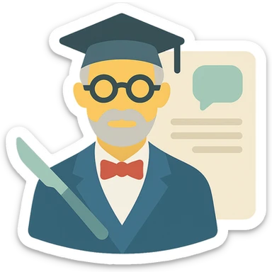 sleek clinical icon of a dignified intellectual professor with classic academia style, subtle scalpel sub-graphic, minimal document background with implied text and AI chat interface hints, refined historic academic color scheme, minimal Apple-like aesthetic sticker