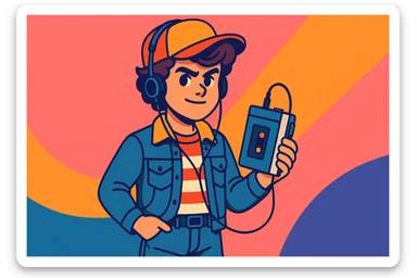 Stranger Things inspired character, 1980s kid holding a portable cassette tape player (walkman), vibrant toon style, wide aspect ratio 16:9 sticker