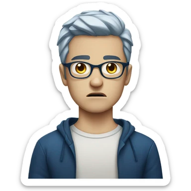Angry white boy dark blue hair with thin glasses, mouth closed, angry face sticker