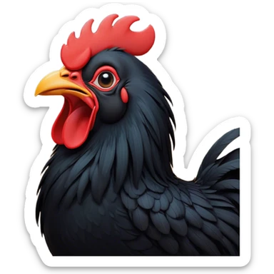 Cinematic Cute Yawning Black Rooster Portrait Emoji, Head tilted slightly with a dramatic, wide-open yawn, showcasing a soft, downy black plumage with a crisp red comb and drooping wings, round eyes barely open in drowsy contentment, Simplified yet irresistibly adorable features, highly detailed, glowing with a soft, cozy glow, high shine, relaxed yet expressive, stylized with a touch of whimsy, bright and endearing, soft glowing outline, capturing the essence of a sleepy yet affectionate rooster, so drowsy it feels like it could stretch out of the screen and curl up for a nap! sticker