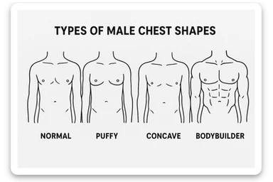 Make image of types of male chest shapes, few examples sticker