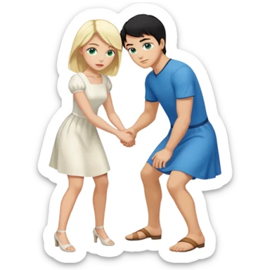 Man, black Hair, blue eyes, whole body, Woman, bending knees, blonde, green eyes, White Dress, sticker