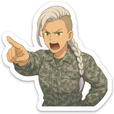 Style of Anime, 1 female, gold yellow eyes, white hair lavender tips, locks in front, mohawk, long white braid, she is a drill sergeant at work, focused facial expression, shouting command, eyes looking down in front of her, pointing a blade hand gesture to the forward direction, uniform of gray large scale digital camo sticker