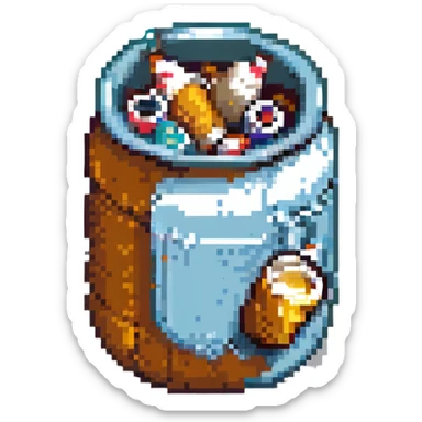 Add a few cigarette butts near the base of the craft beer can in pixel art style. Keep the background transparent. sticker