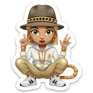 female cat wearing Run DMC hip-hop outfit with tracksuit, fedora, Adidas sneakers, many gold chains, rings, bracelets, flashy earrings, eyes averted, talking to a friend, no sunglasses sticker
