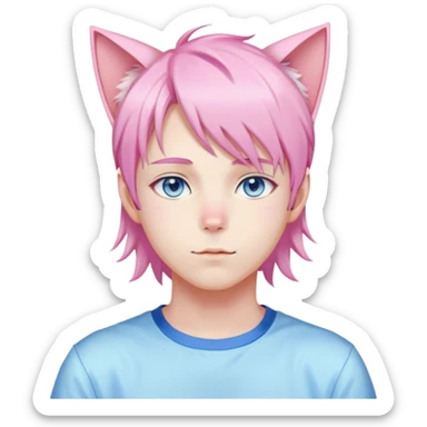 Pastel effeminate young femboy man with pastel pink shiny hair, pink cat ears, pastel yellow blouse, blue eyes, cute, gorgeous, anime, catboy sticker