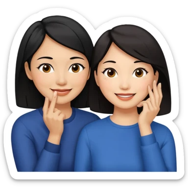Middle aged light brown skinned woman with black hair, beside a middle aged asian woman with dark brown hair touching their cheek sticker