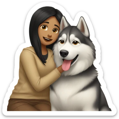 A golden beige Husky next to him a girl with black hair who kisses him on the cheek sticker