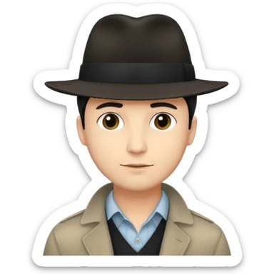 A light-skinned man with short dark hair, and a black fedora, with an oval face and calm look. sticker