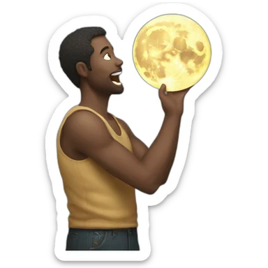 A man holds the moon in one hand and takes a bite out of it sticker