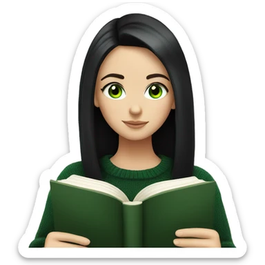White girl with black hair and green eyes in a black sweater reading a book sticker