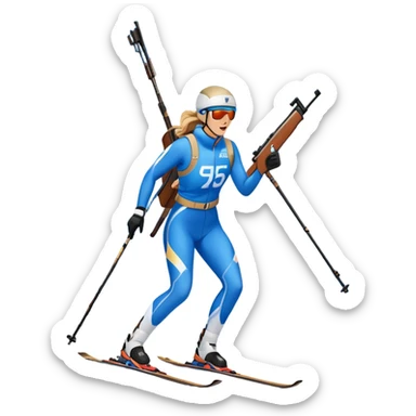 An icon showing a biathlete skiing on a snow-covered Olympic track with a rifle on their back. Cheering fans fill the stands. Majestic mountains, snowy trees, and a bright blue sky complete the scenic winter landscape. Transparent background captures the spirit of biathlon. sticker