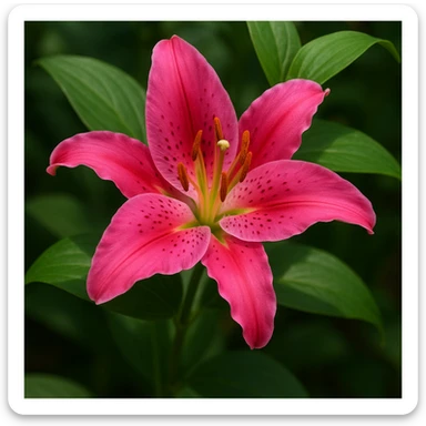 realistic style vibrant pink lily flower with green leaves sticker
