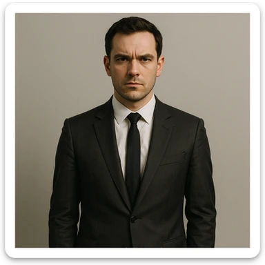 a professional-looking person in formal suit with a serious expression, plain background, modern style sticker