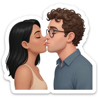 Light tan woman with black hair and man with curly dark blonde hair with glasses kissing each other sticker