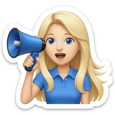 blue eyes blonde girl yelling into megaphone smiling long hair sticker